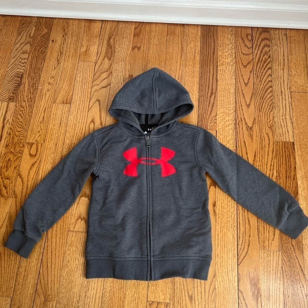 Under Armour Boys Gray Hoodie with Red Logo Full Zip Sweatshirt Size 5